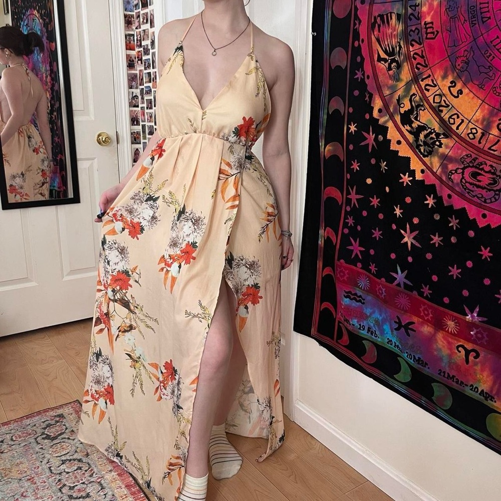 Floral Cream/yellow Maxi halter Dress